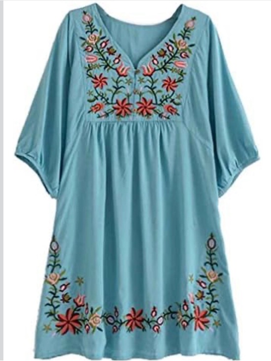 Tops - Kafeimali-Bohemian Blue Embroidered V-Neck Floral Mini Dress Sz 7 Cottage core